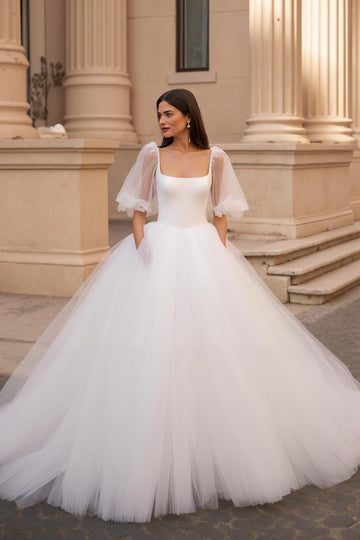 Court Train A-Line Ivory Wedding Dress With Half Sleeves